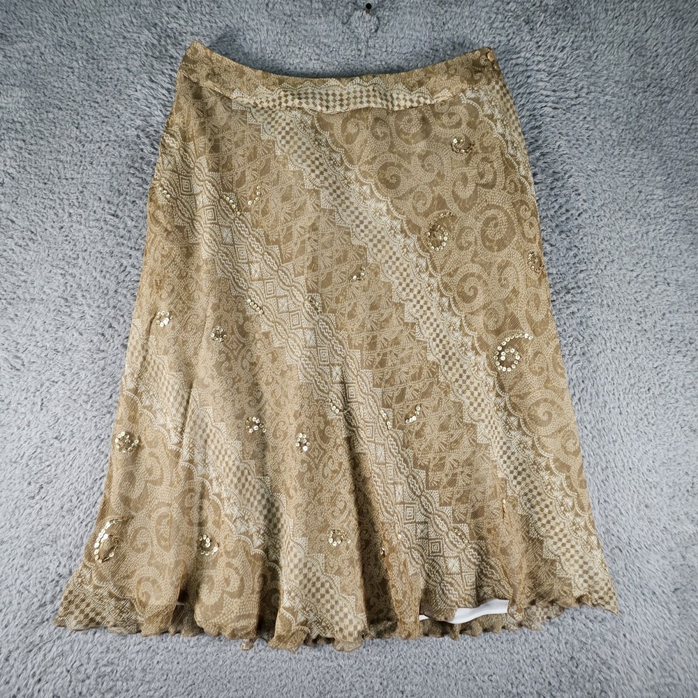 Laura Ashley Midi Skirt Womens 14 Petite Gold Sequin 100% Silk Artsy Fairy Boho